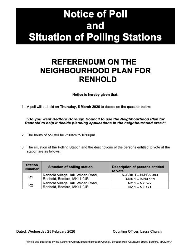 Renhold Notice of Poll Neighbourhood Plan Referendum Poster (links to PDF download)